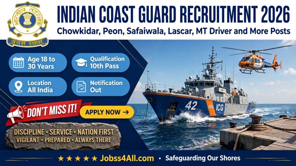 Indian Coast Guard Group C Recruitment 2026 – 6 vacancies for Store Keeper, Engine Driver, Lascar, Driver, Peon and Chowkidar – jobss4all.com