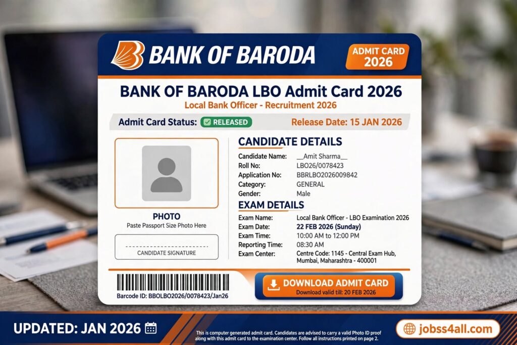 Bank of Baroda LBO Admit Card 2026 download – BOB Local Bank Officer Hall Ticket | jobss4all.com