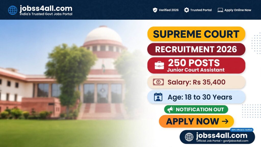 Supreme Court JCA Recruitment 2026 notification for 250 Junior Court Assistant posts – jobss4all.com